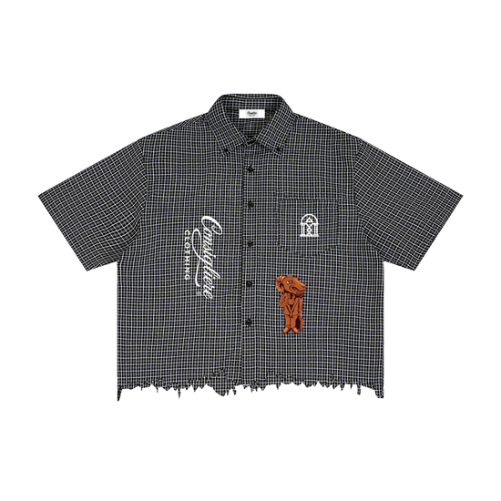 "DISCOVER YOU" Distressed Plaid Boxy Shirt/Black