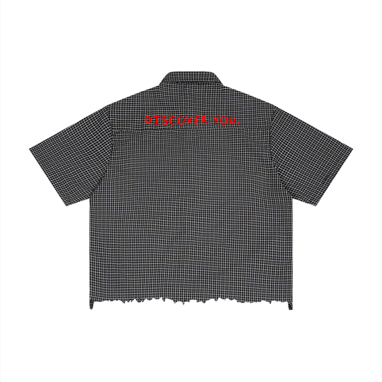 "DISCOVER YOU" Distressed Plaid Boxy Shirt/Black