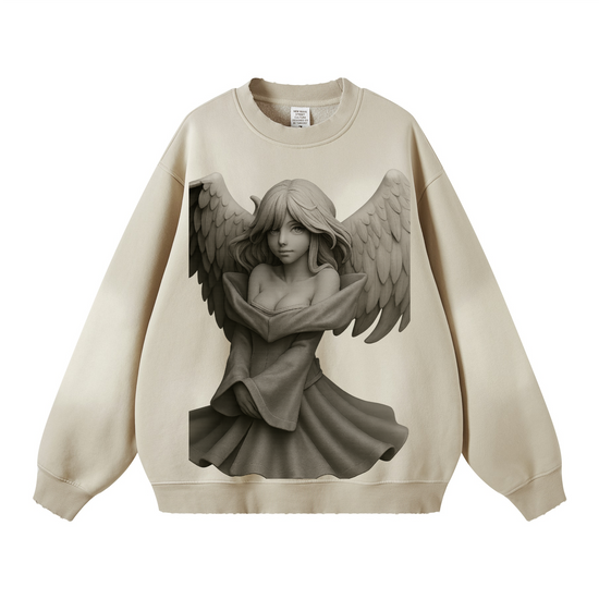"Angel of Art" Round Neck Washed Distressed Ombre Heavyweight Sweatshirt(440GSM)