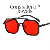 The Consigliere™ Jewels Luxury Sunglasses are stylish and classic unisex sunglasses featuring a black metal frame with polycarbonate lenses that provide UV400 protection. The sunglasses are personalized with laser engraved branding, making each pair unique. With a polygonal design theme reminiscent of the 80s and 90s, these sunglasses offer a touch of old-school charm in a modern frame. The temple length is 151mm, making them comfortable and fashionable for everyday wear.