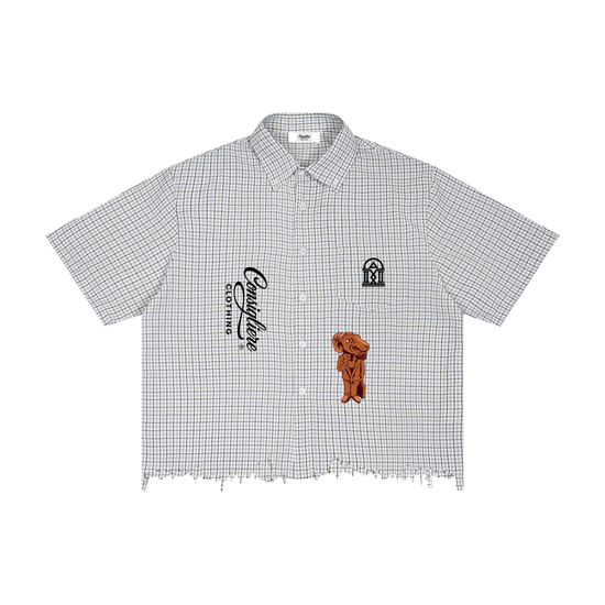 “DISCOVER YOU” Distressed Plaid Boxy Shirt/White