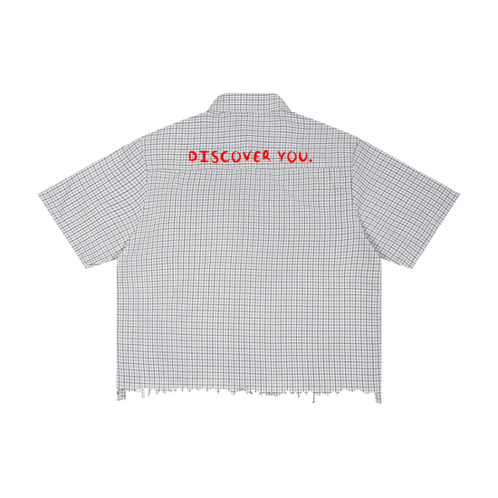 “DISCOVER YOU” Distressed Plaid Boxy Shirt/White