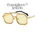 The Consigliere™ Jewels Luxury Sunglasses are high-quality unisex sunglasses with a stylish gold metal frame and polycarbonate lenses. These polygonal sunglasses feature laser engraved branding of the "Consigliere™" name, adding a personalized touch to the design. With a retro 80s and 90s theme, these sunglasses are sure to make a statement and provide both style and protection for any fashion-forward individual.